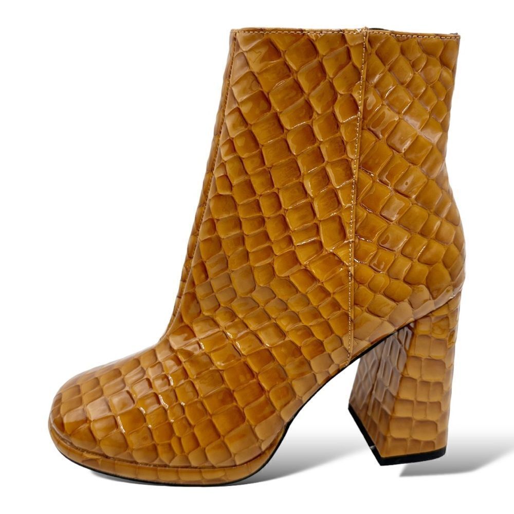 Miss Selfridge Bougie Tan Patent Croc Platform Chunky Heel Bootie Sz 6